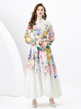 Printed Puff Sleeve Button Slim Dress