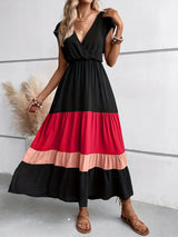 Color Matching Pleated V-neck Lapel Dress