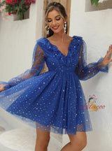 V-neck Stitching Gauze Sequined Bubble Sleeve Dress
