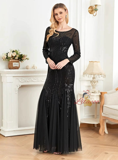 Black Long Sleeve Sequins Prom Dress