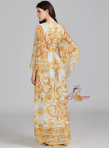 Horn Long Sleeve Print V-neck Dress