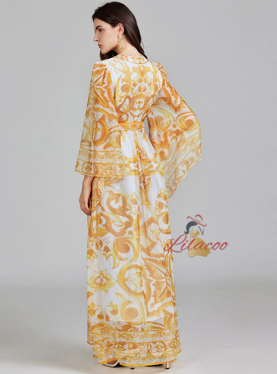 Horn Long Sleeve Print V-neck Dress