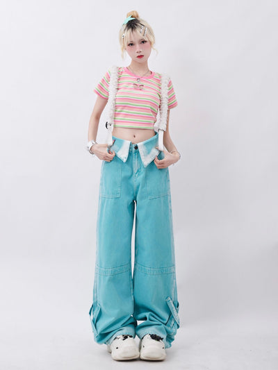 Lapel Blue High Waist Straight Wide-leg Jeans