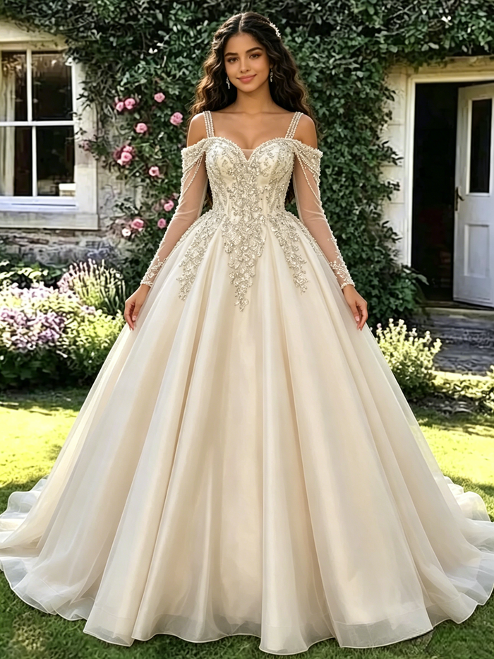 Champagne Tulle Long Sleeve Appliques Quinceanera Dress