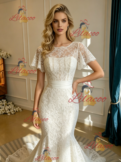 White Mermaid Lace Scoop Neck Wedding Dress