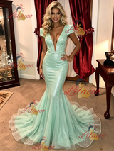 Green Mermaid Sequins Cap Sleeve Prom Dress