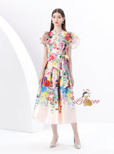 V-neck Ruffled Stitching Printed Long Dress