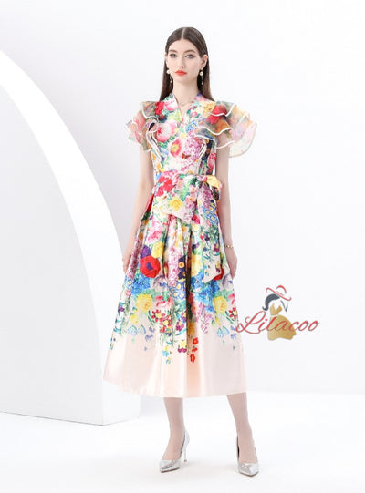 V-neck Ruffled Stitching Printed Long Dress