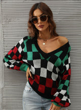 V-neck Check Contrast Pullover Sweater