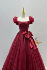 Burgundy Tulle Pleats Bow Prom Dress