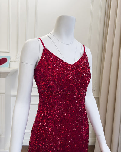Sexy Red Sequins Straps Prom Dress