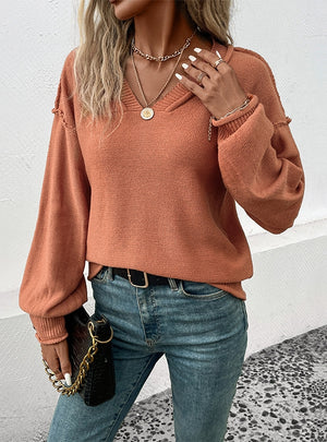 Long Sleeve Solid Color V-neck Sweater