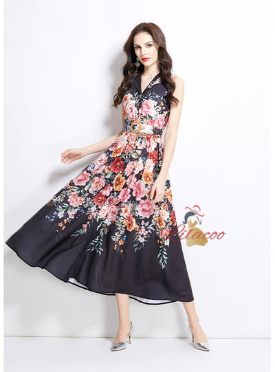 Sleeveless Silm Waist Button Printed Dress