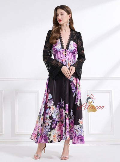 Deep V-neck Lace Horn Sleeve Printed Long Dress