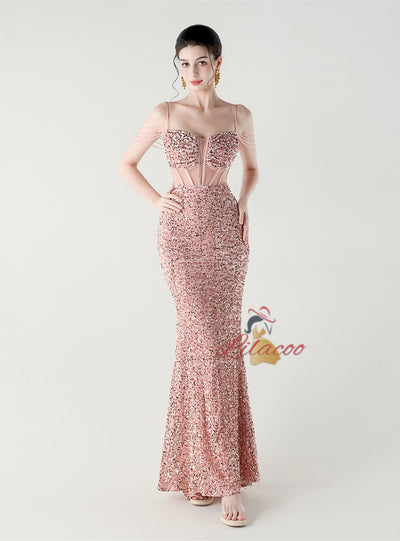 Mermadi Sequins Spaghetti Straps Beading Prom Dress