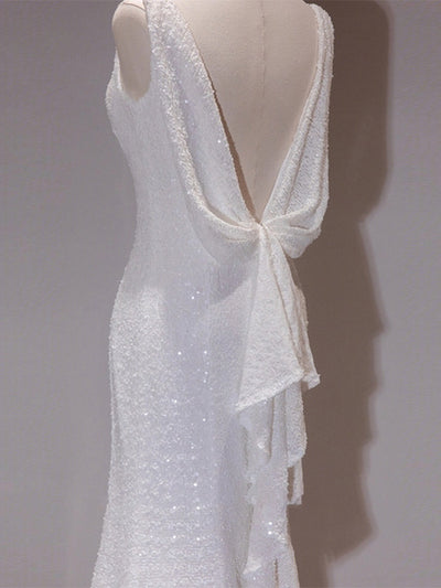 White Mermaid Straps Sequins Wedding Dress