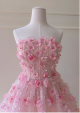 Pink Sequins Strapless Flower Prom Dress