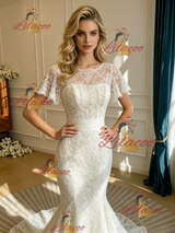 White Mermaid Lace Scoop Neck Wedding Dress