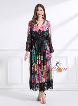 V-neck Lace Printing Dress Three-piece Suit