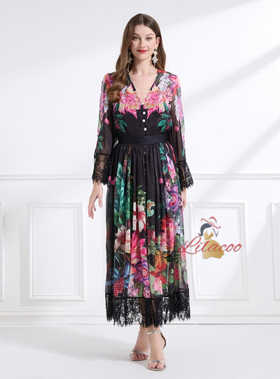 V-neck Lace Printing Dress Three-piece Suit