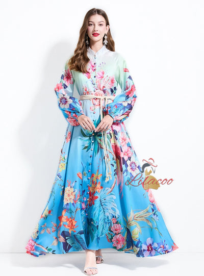 Retro Printed Long Sleeve Dress