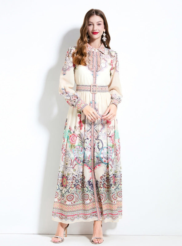 Retro Palace Printed Row Button Lantern Sleeve Dress