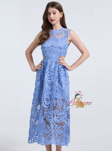 Blue Hollow Lace Sleeveless Dress