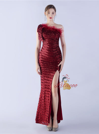 One Shoulder Split Sequins Prom Dress