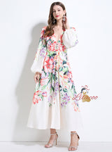 Retro Printed Breasted Puff Sleeve Dress