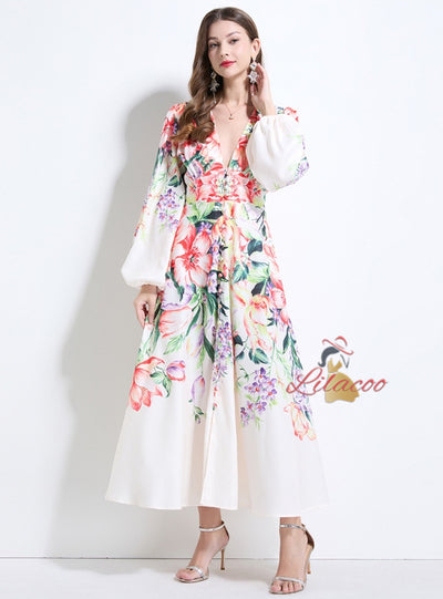 Retro Printed Breasted Puff Sleeve Dress