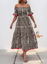 Retro Medium-long Lotus Leaf Sleeve Leopard Print Dress