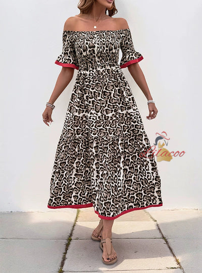 Retro Medium-long Lotus Leaf Sleeve Leopard Print Dress