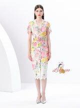 Short Sleeve Slim Lace Floral Print Song Dress