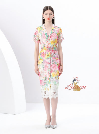 Short Sleeve Slim Lace Floral Print Song Dress