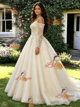 Champagne Tulle Long Sleeve Appliques Quinceanera Dress
