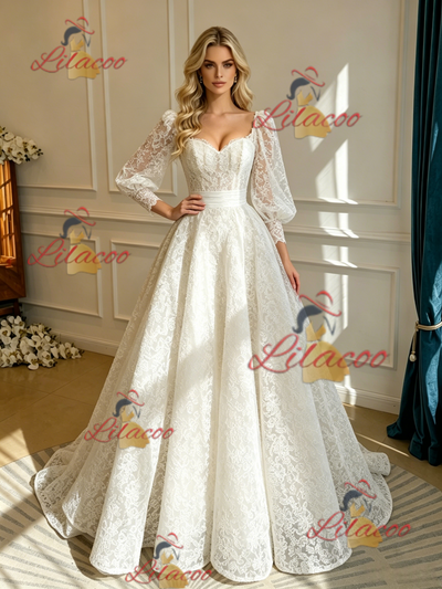 White Lace Long Sleeve Square Neck Wedding Dress