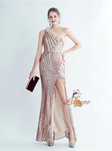 Mermaid Sequins One Shoulder Split Prom Dress