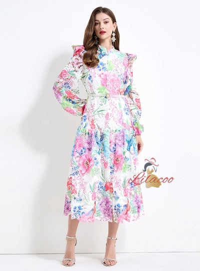 Printed Bubble Sleeve Long Dress
