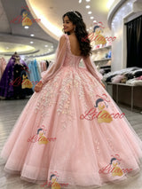 Pink Tulle Long Sleeve Appliques Quinceanera Dress