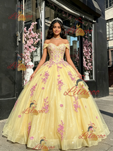 Yellow Tulle Off the Shoulder Appliques Quinceanera Dress