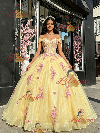 Yellow Tulle Off the Shoulder Appliques Quinceanera Dress