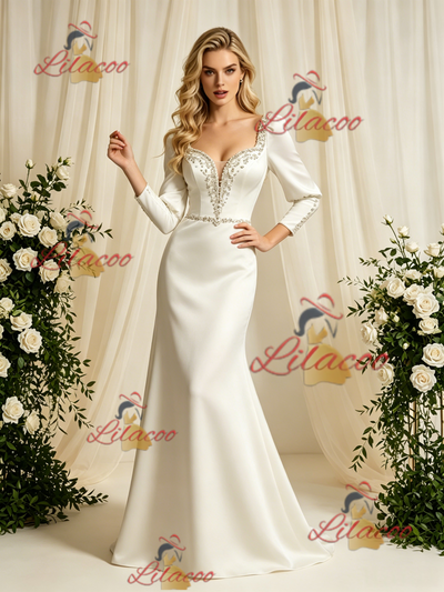 Beige Satin Long Sleeve Beading Wedding Dress