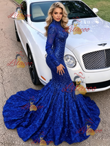 Blue Mermaid Sequins Long Sleeve Prom Dress