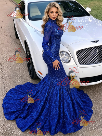 Blue Mermaid Sequins Long Sleeve Prom Dress