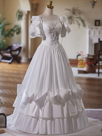 White Satin Tiers Appliques Beading Wedding Dress