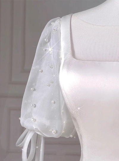 White Satin Square Neck Short Sleeve Wedding Dress
