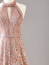 Champagne Sequins Halter Beading Prom Dress