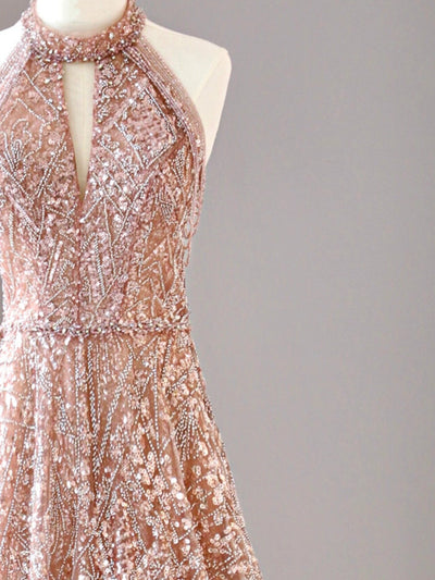 Champagne Sequins Halter Beading Prom Dress