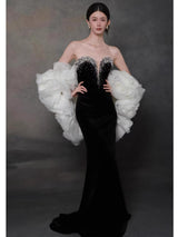 Burgundy Velvet Pearls Prom Dress