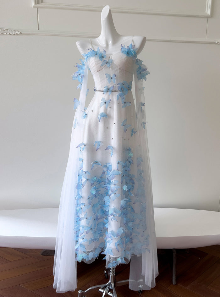 White Tulle Straps Butterfly Prom Dress